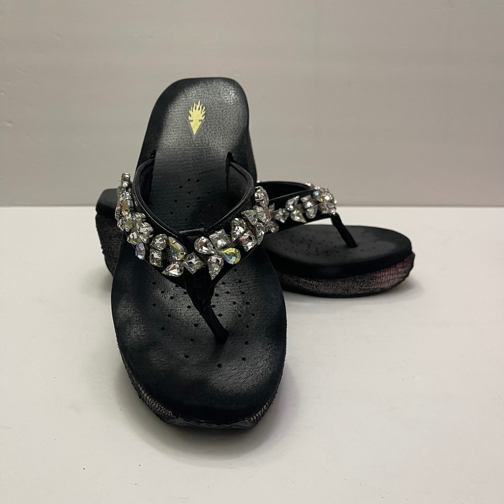 Volatile Black Rhinestone Wedge Sandals Platform Flip Flop Womens 8